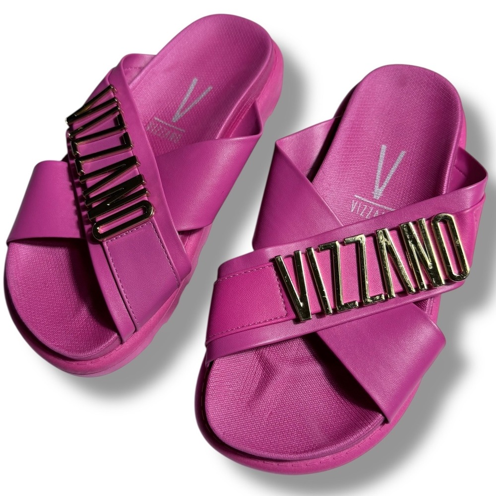 NEW Vizzano Women's Pink Platform Slides Gold Logo Cross Strap Sandals Size 5 35 - Picture 10 of 11